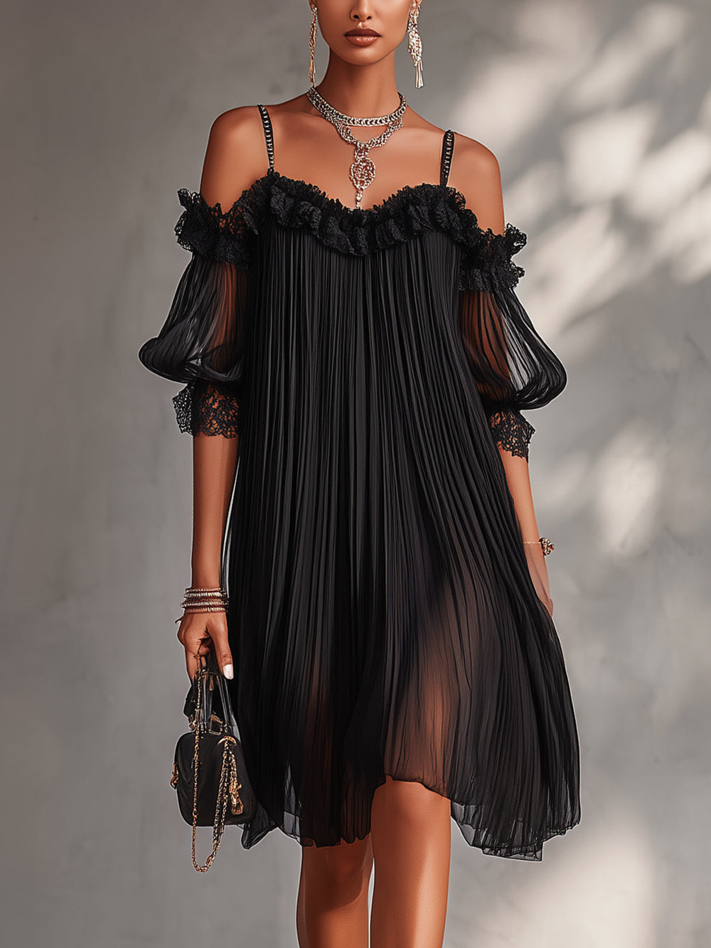 Camille | Vestido Curto em Mousseline Preta com Ombros à Mostra e Bordadura em Renda