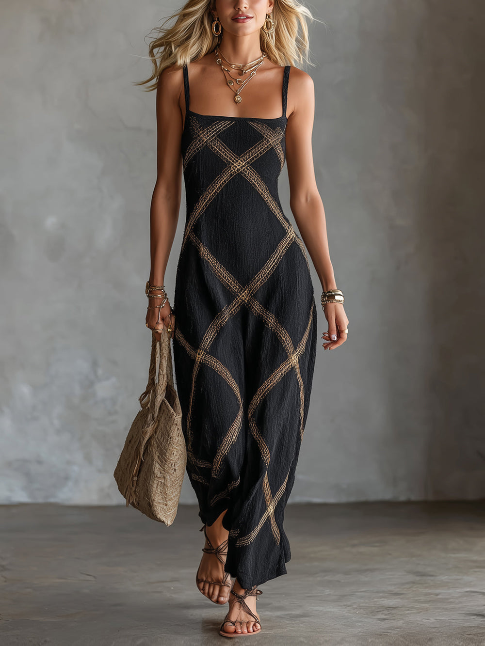 Vittoria – Vestido Geométrico Preto e Camel