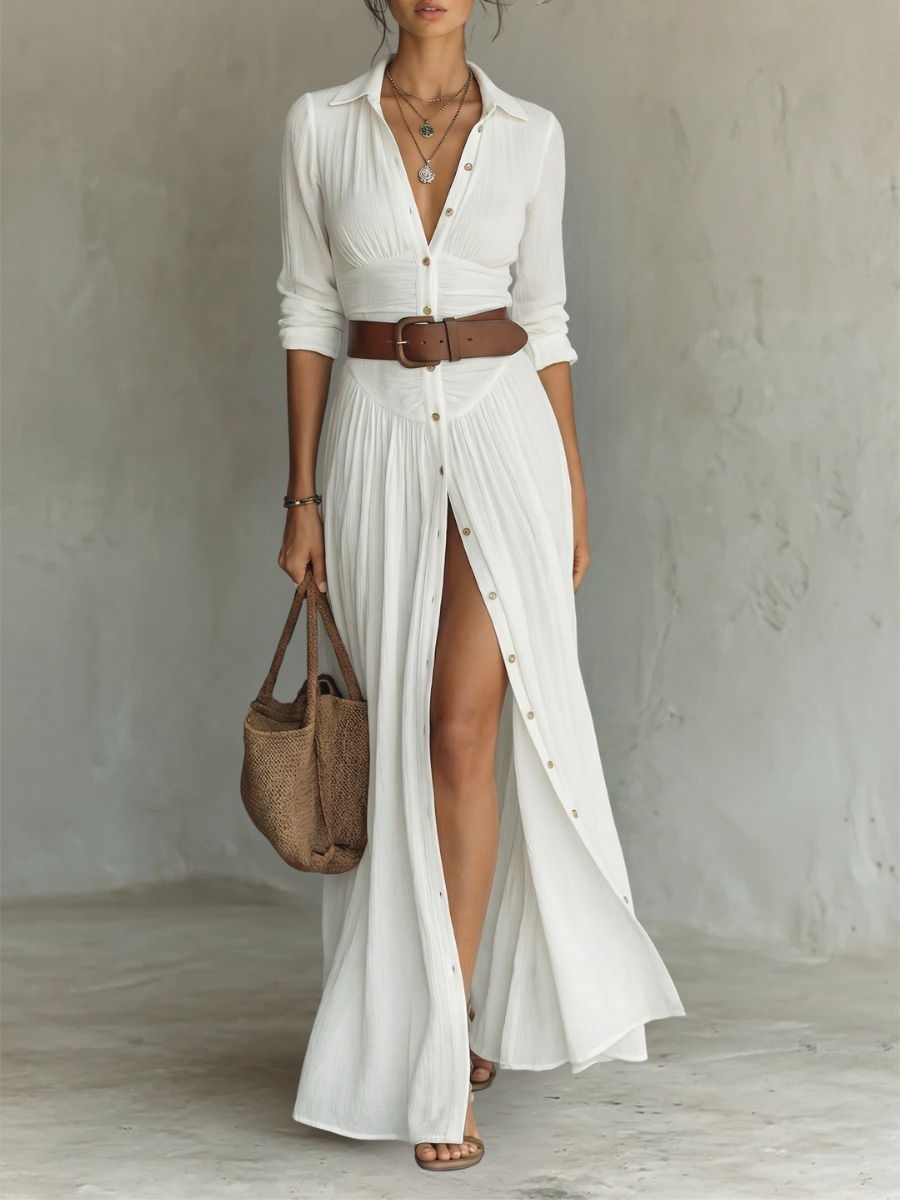 Vestido Maxí de Linho com Gola Reversa de Manga Longa