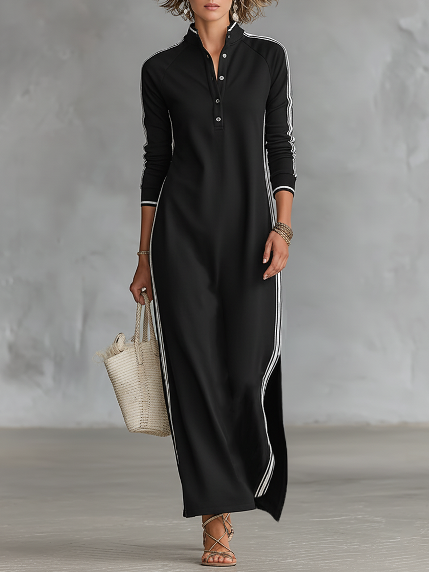 Vestido Maxi de Moletão com Gola de Botões
