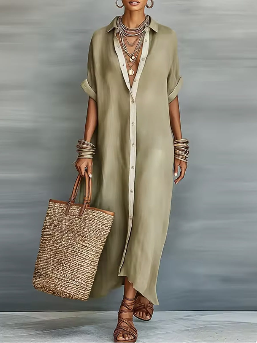 Manelle | Vestido Longo Verde Oliva com Linhas Minimalistas